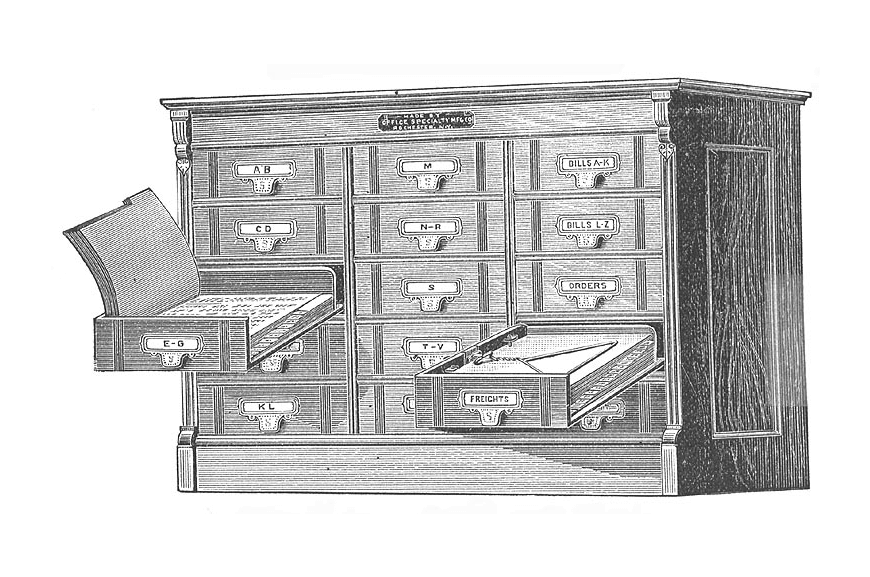 Cabinet pages. Old Pull-out file Cabinet with Cards.